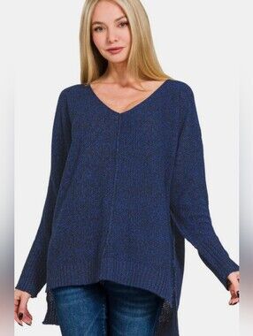 Zenanna Navy Blue High Low Sweater With Seam Detail